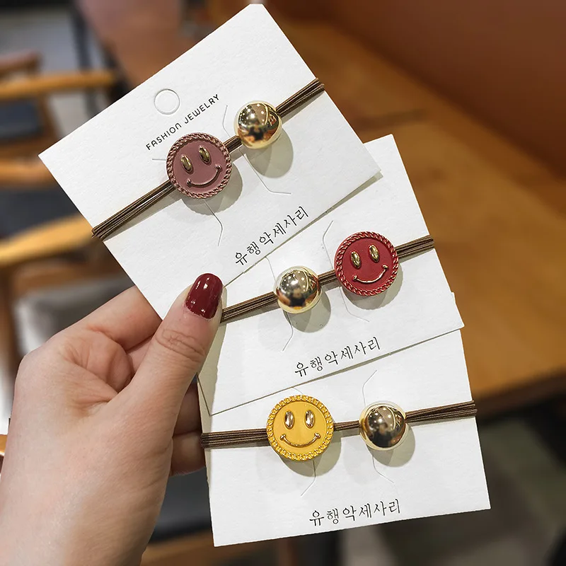 2019 New Smiley Face Gold Beads Hair Rope Korea East Gate Style Girl Cute Rubber Bands for Women Fashion Hair Accessories
