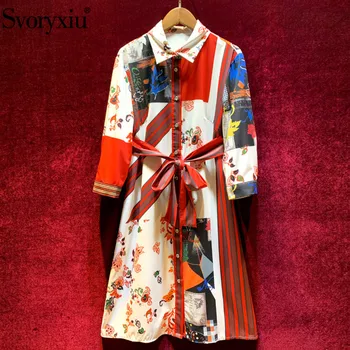 

Svoryxiu Vintage Flower Print Autumn Runway Dress Women's 3/4 Sleeve Single Breasted Casual Holiday Loose Dress Vestdios