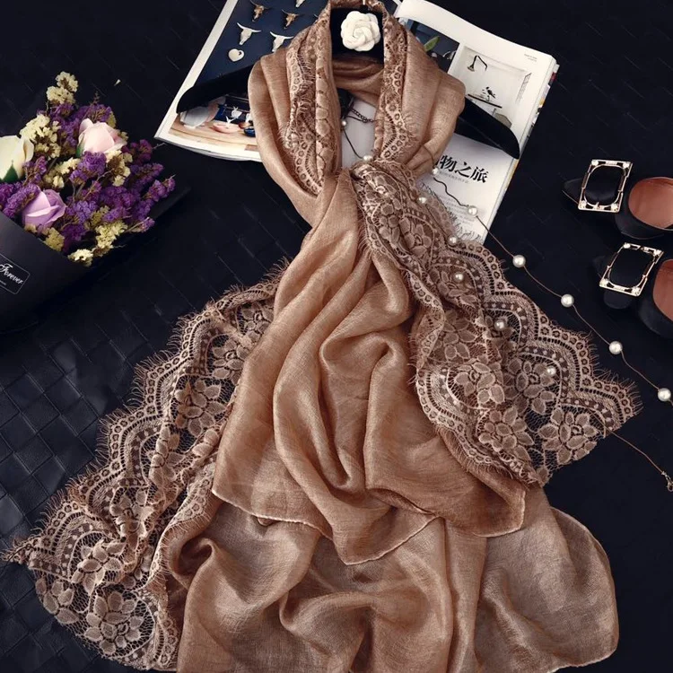 Women Lace Patchwork Scarf Plain Color Cotton Linen Scarf 12Colors