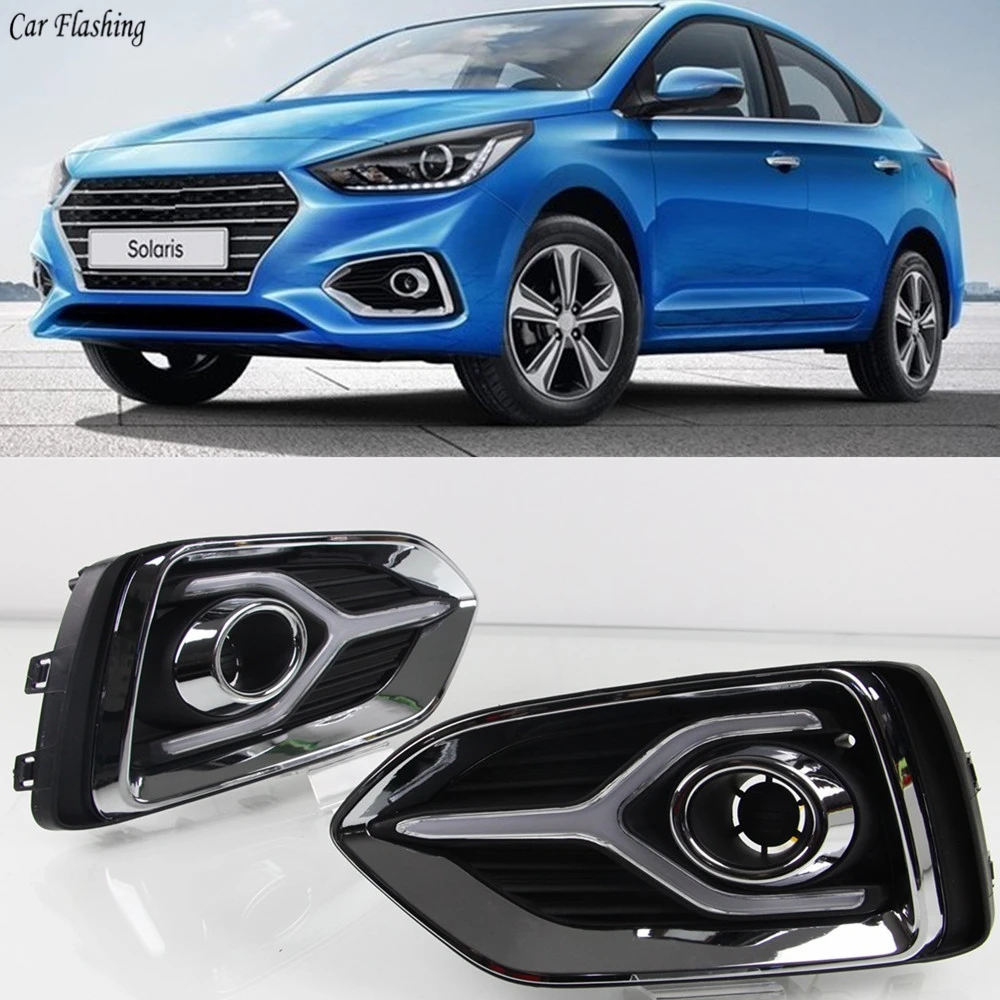 

1Pair Yellow Turn Signal Function 12V Car DRL LED Daytime Running Light Fog Lamp For Hyundai Accent Solaris 2017 2018 2019