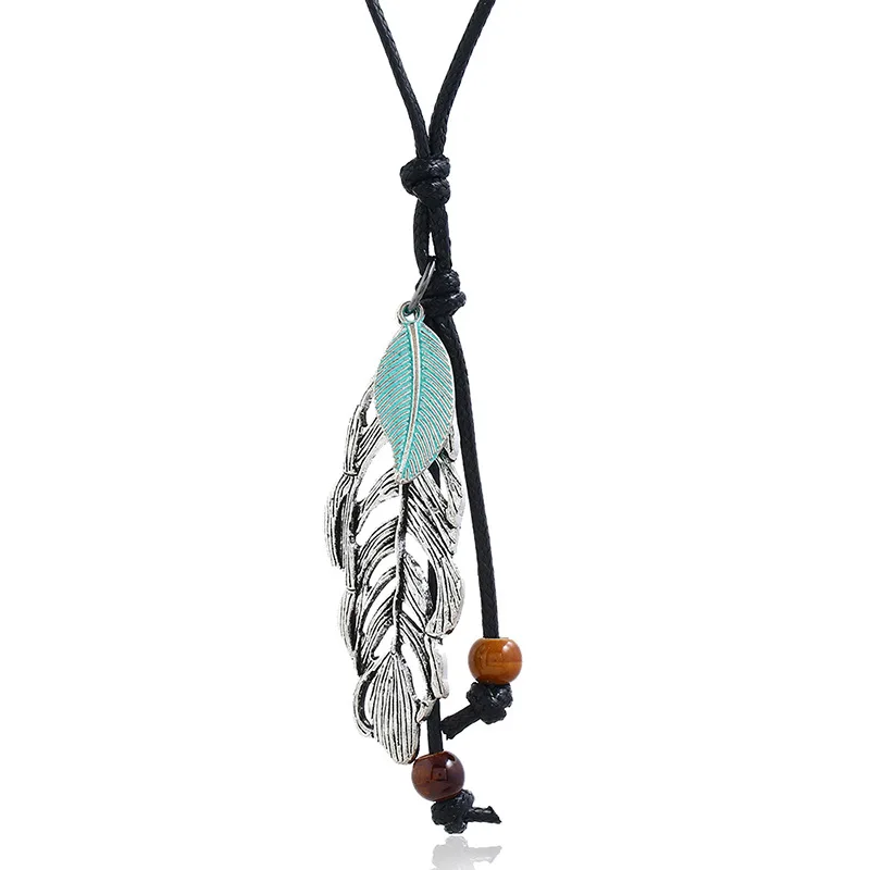 

Fashion Boho Long Jewelry Sweater Retro Feather Leaf Pendant Wax Cords Leather Chain Adjustable Vintage Bohemian Ethnic Necklace