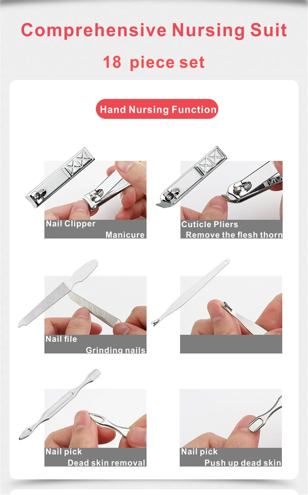 Conjunto de Manicure em Aço Profissional de Cortador de Unhas Ferramentas de Pedicure 18 em 1 Inoxidável Encravado Kit 18 em 1, kit profissional de cortador de