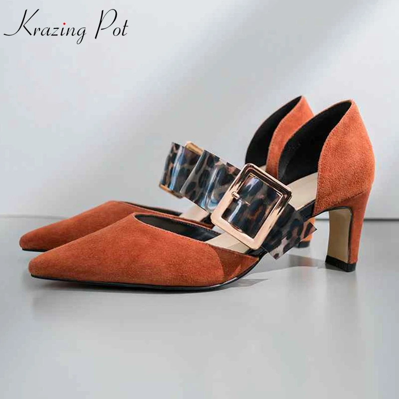 

Krazing Pot 2019 hot selling sheep suede leopard buckle straps pointed toe high heels streetwear gorgeous summer jelly pumps L27