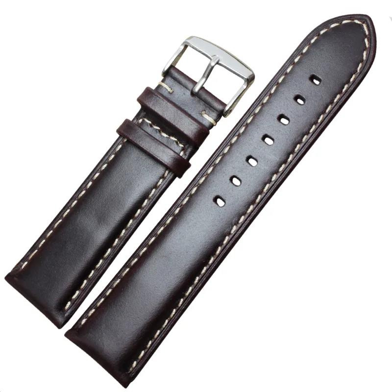 Elegant Genuine Leather Watch Band Strap – Black & Dark Brown with Polished Buckle