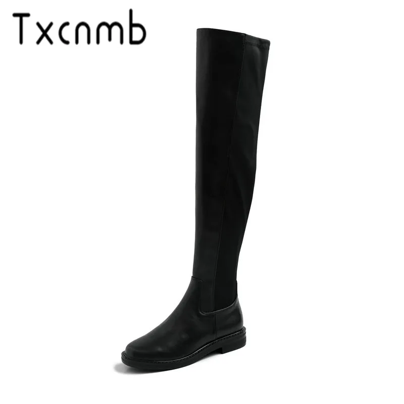 

TXCNMB 2019 Boots Women Winter Autumn Genuine Leather over the Knee Boots Square Low Heels Casual Shoes Woman Size 34-42