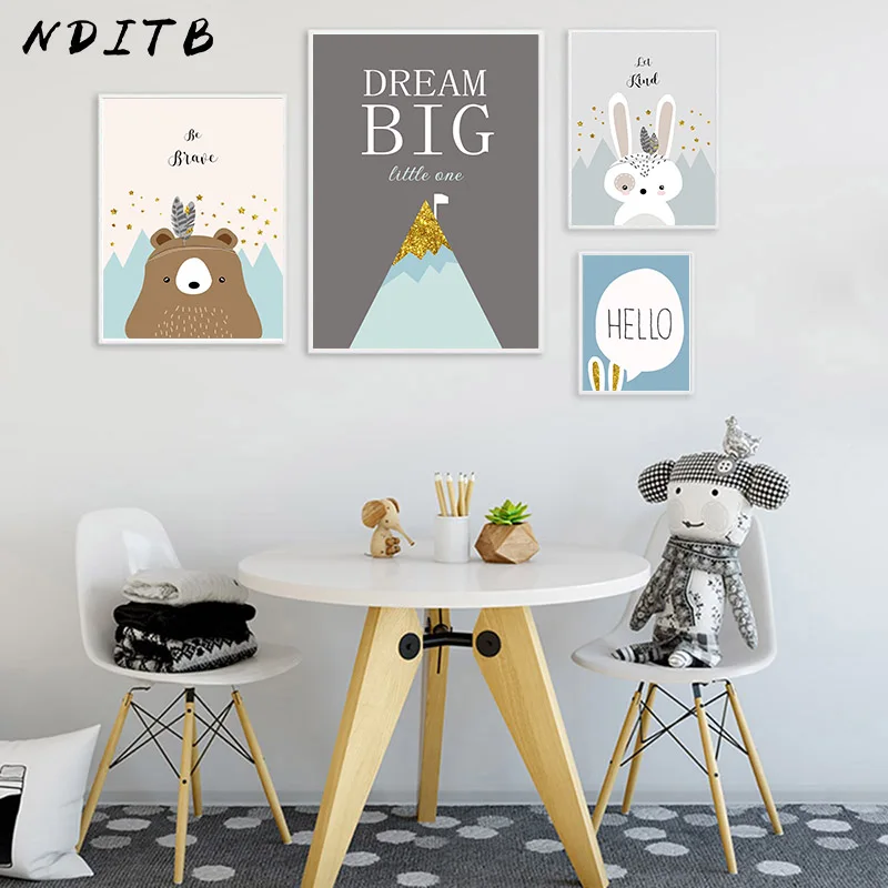 

NDITB Tribe Woodland Animal Canvas Art Poster Bear Rabbit Nursery Print Painting Decorative Picture Nordic Kids Bedroom Decor