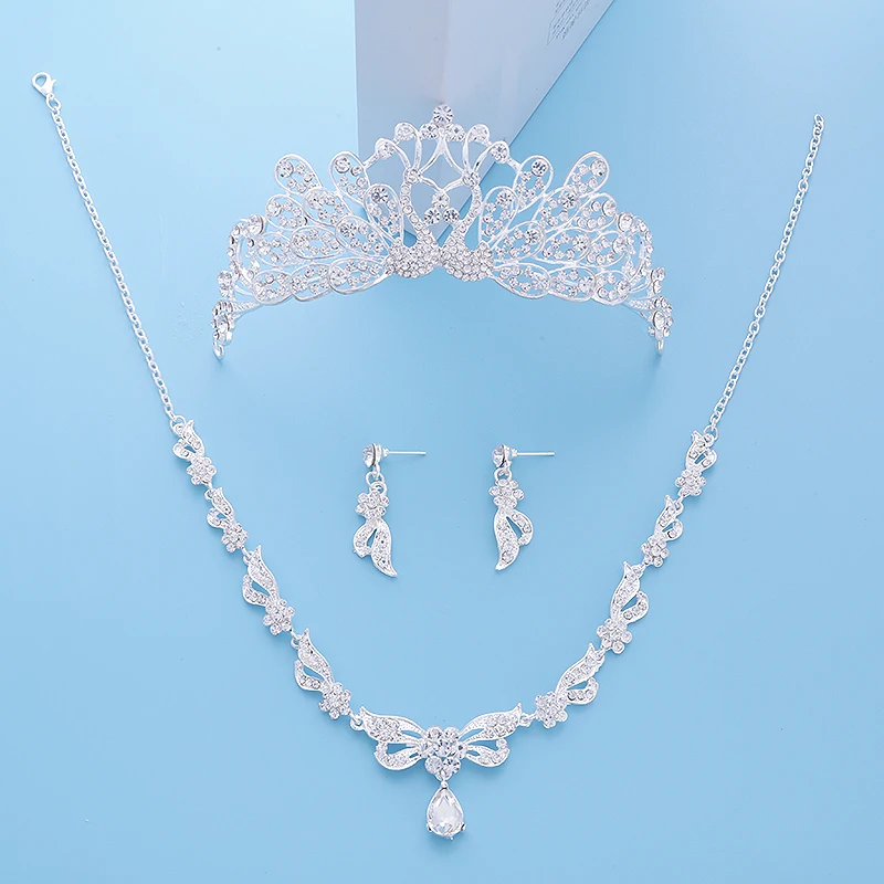 Bride Diaries Wedding Accessories Simulated Pearl Tiara Crown Earrings Necklaces Set Silver Plated Bridal Jewelry Sets (3)
