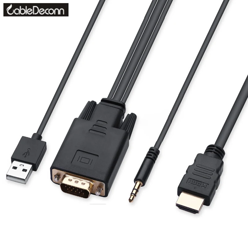CableDeconn VGA 15Pin with USB Power Audio 3.5mm Jack to HDMI 1080p 1