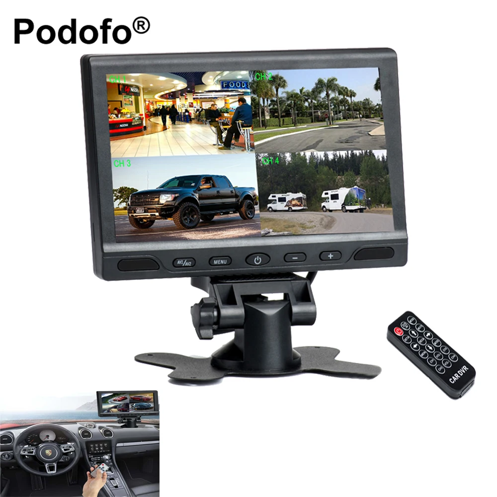 

7" Split Screen Quad Car Monitor 4 Channels Video Input TFT LCD Display for Car Backup Camera System Support Micro SD Card DVR