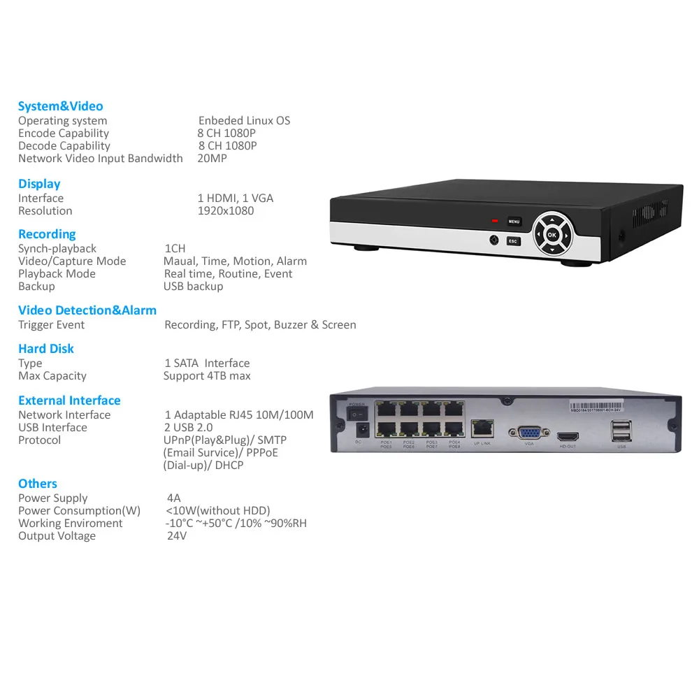 Система видеонаблюдения в помещении 1080P 8ch POE NVR + 2MP купольная IP камера ночного