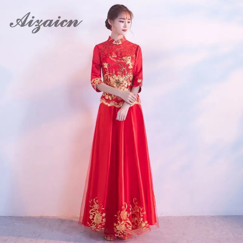 Новинка, Красное Кружевное платье Ципао с пайетками, современное оригинальное платье невесты, винтажное платье Qi Pao, женское китайское свадебное платье, халат Ципао