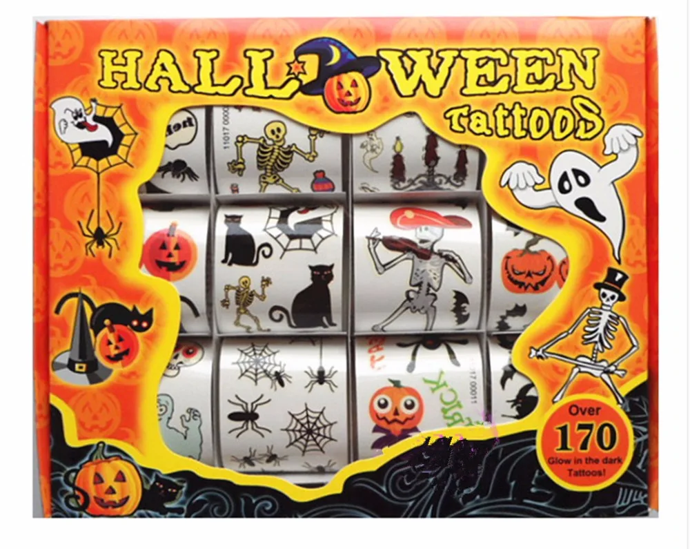 

12pcs/box Kids Toy Cartoon Halloween Tattoo Sticker Temporary Tattoos Bat Skull Spider Set maquiagem tatuagem Gift for Child