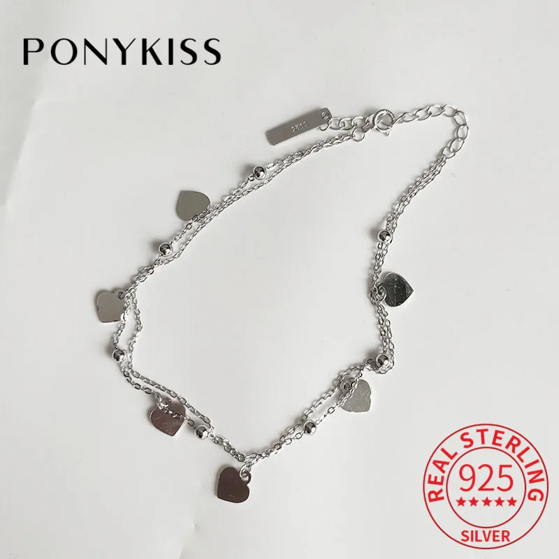 PONYKISS Настоящее серебро 925 пробы двухслойные браслеты с цепочкой в форме сердца