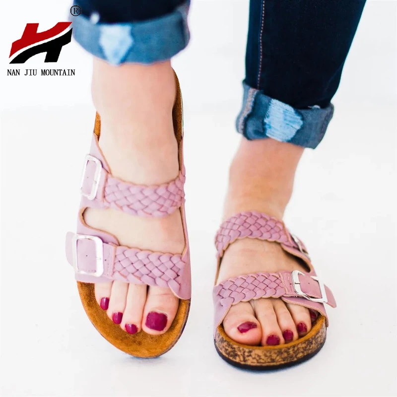 

NAN JIU MOUNTAIN Women's Flat Sandals Summer Slippers Beach Shoes Cross Weave Buckle Plus Size 35-43