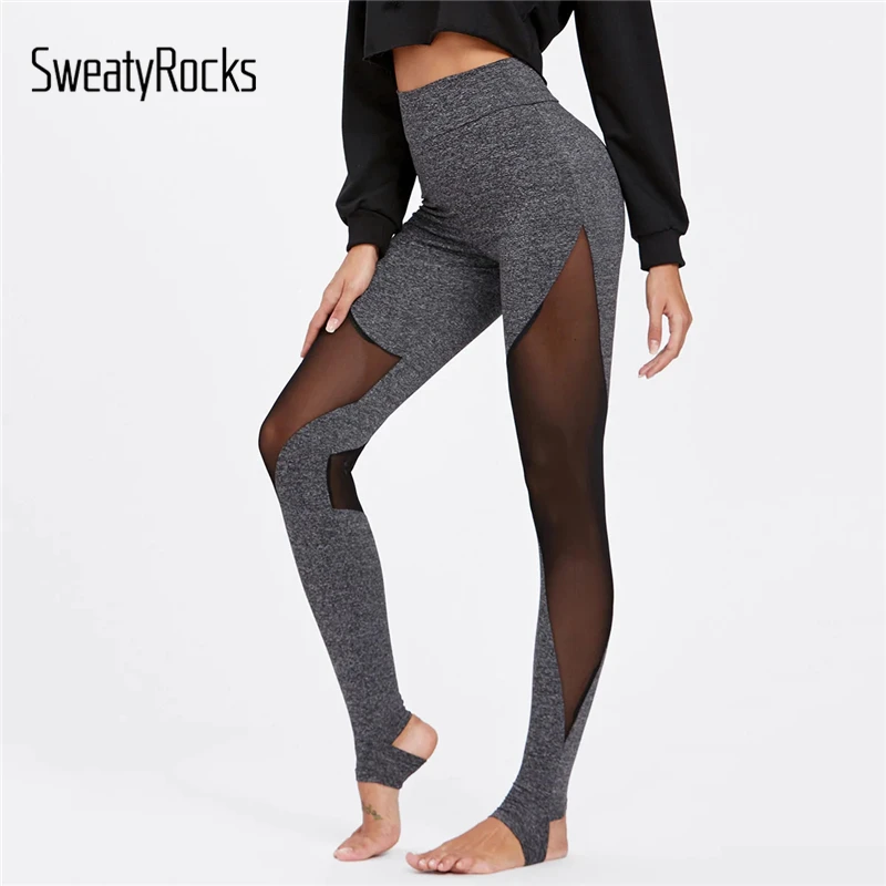 SweatyRocks Mesh Insert Heathered Knit Stirrup Leggings Activewear High