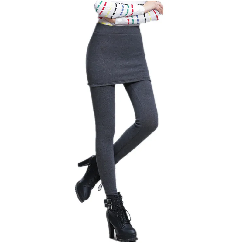 

Winter Fleece Thick Warm Leggings With Mini Skirts Women Large Plus Size Long Trousers Female Gray Black Slim Velvet Pants