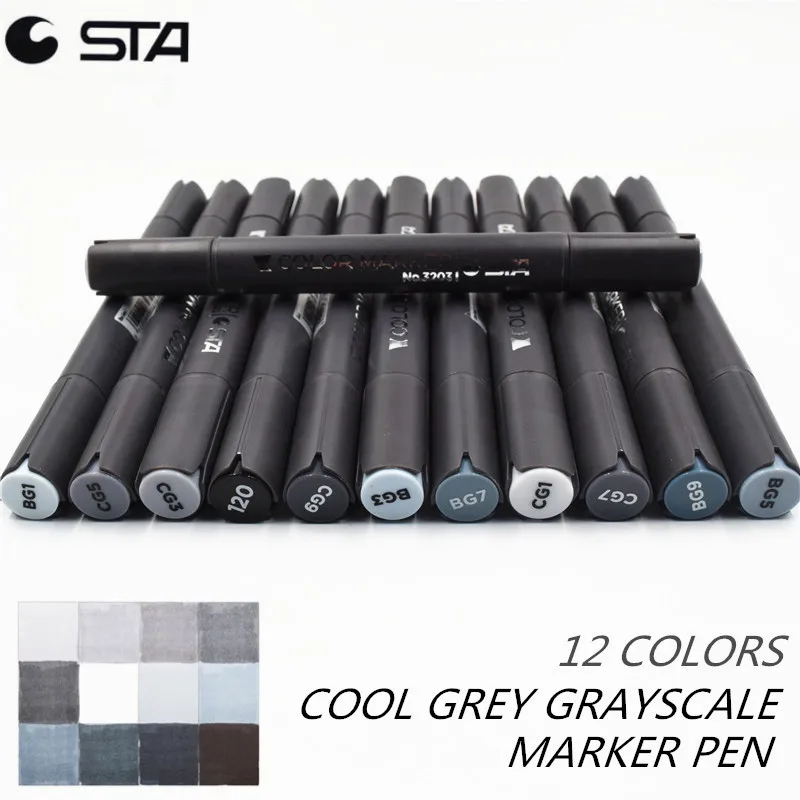 STA 12 Cool Grey Colors Marker Pen Grayscale Dual Head Art Markers Set