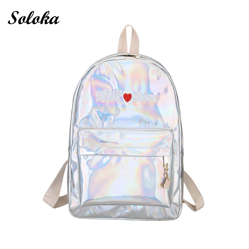 

New Love Heart Girl School Bag Laser Backpack Women Simple Metallic Silver Laser Holographic Bright Backpack Travel Bag Rucksack