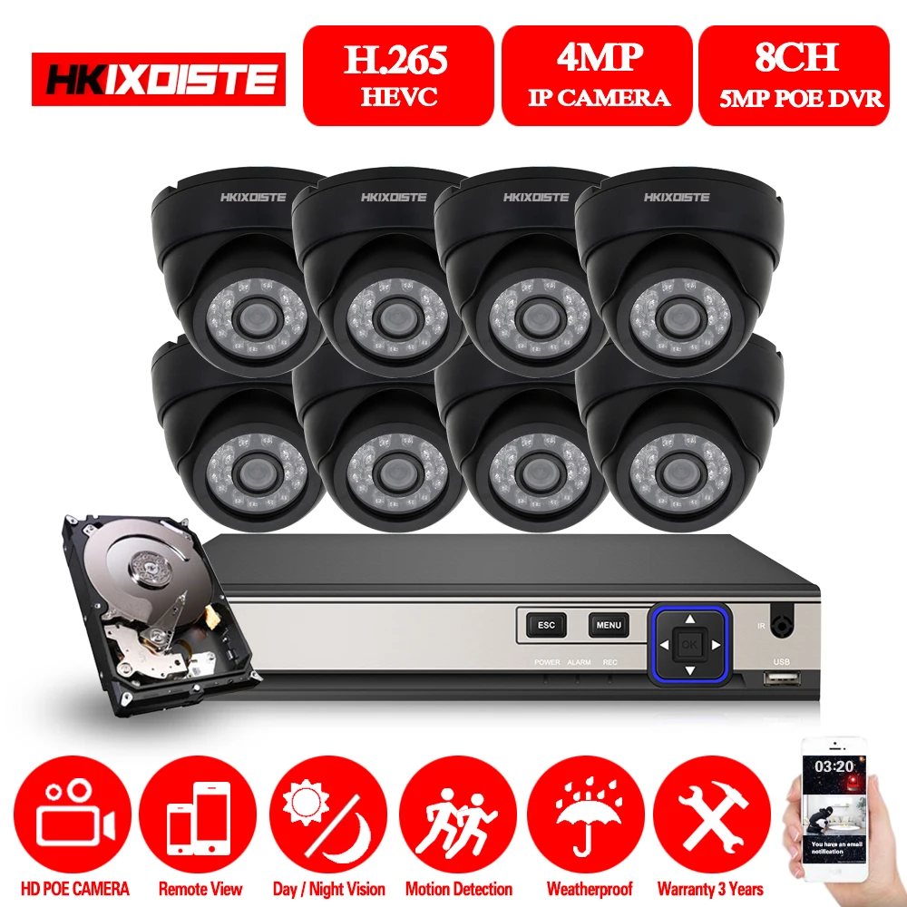 HKIXDISTE HD NVR 8CH 5.0MP POE CCTV камера системы наборы 4MP черная купольная IP Домашняя