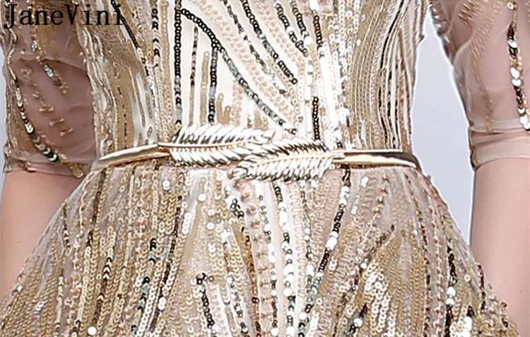JaneVini блестящие золотые блестками Выпускные платья с половиной рукава карманов длинные Гала платье для Женский пояс церемонии Вечерние