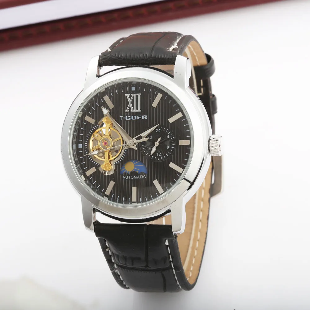 Роскошные мужские механические часы GOER Tourbillion с ремешком из натуральной кожи