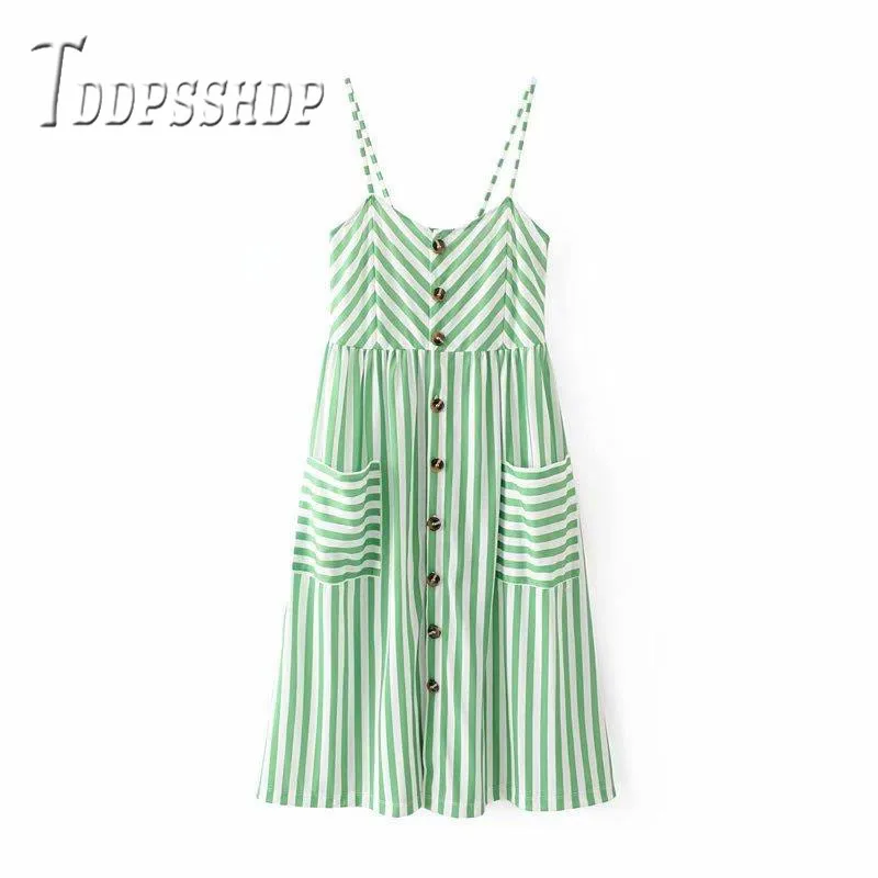 

Bright Candy Color Stripe Women Dress Pocket Button Decor Female Dresses