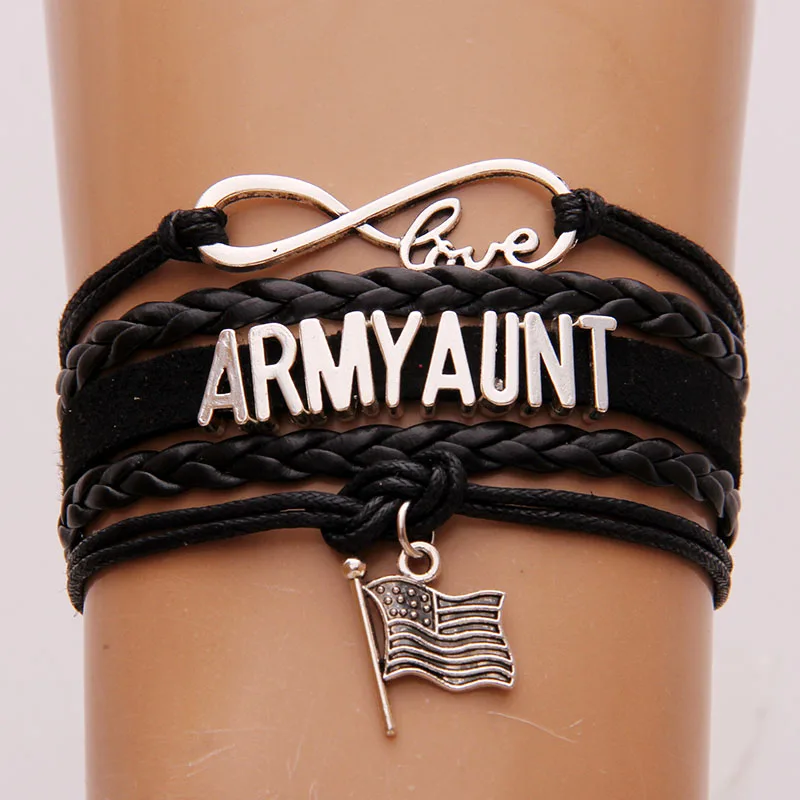 NCRHGL Infinity love ARMY GRANDMA/MOM/WIFE/UNCLE/SISTER/GIRLFRIEND/AUNT Flag charm braided bracelet Family bangles Drop Shipping - Окраска металла: Army Aunt