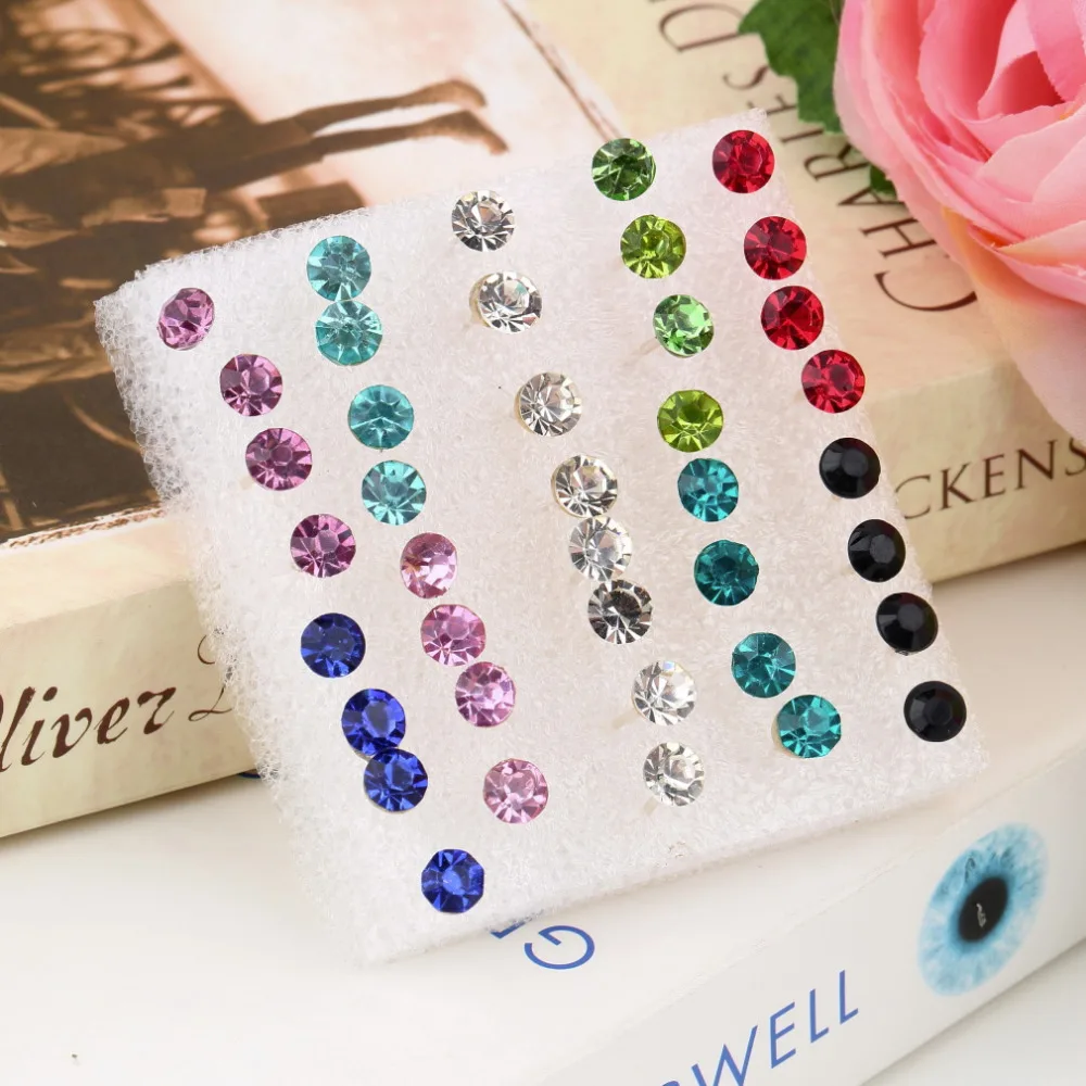 NewHot Selling 20 Pairs/Set 5mm Mixed color Crystal Ear Studs Earrings Big Sale! colorful top quality