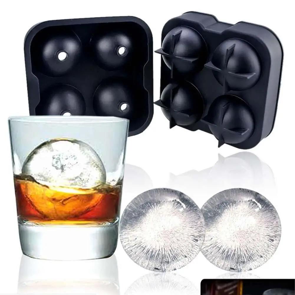 New Whiskey Cocktail Ice Cube Ball Maker Mold 4 Large Sphere Mold