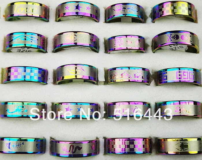 

Hot Sale 100pcs Stainless steel Charms Mix Style Rainbow Women Mens Rings Wholesale Fashion Jewelry Lots A-062