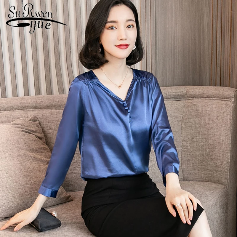 blusas mujer de moda 2022 women blouse shirt solid color bottoming shirt long sleeves fall V collar imitation silk shirt 1129 40