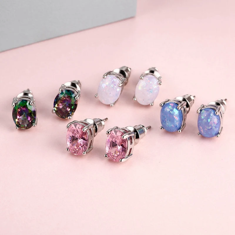 

1Pair Cute Small Oval Opal Stud Earrings Flower Design Double Sided Earrings For Women Filled Jewelry