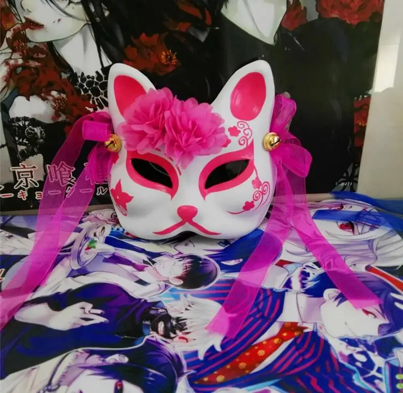 style4 Ручной росписью половина Уход за кожей лица японский лиса ПВХ Kitsune маска с шифоновым цветком ленты маскарадные карнавальные маски Косплэй Хэллоуин - Цвет: style4
