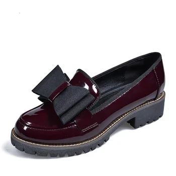 

MCCKLE Autumn Women Shoes Bowtie Platform Low Heels Patent Leather Casual Chunky Heel Slip On Britsh Plus Size Female Footwear