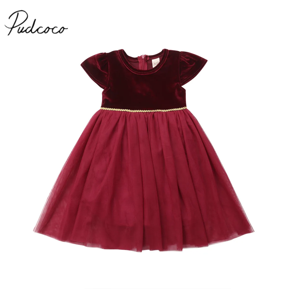 

2018 Brand New Christmas Formal Princess Party Dress Infant Kids Baby Girl Petal Sleeve Lace Velvet Patchwork Retro Tutu Dress