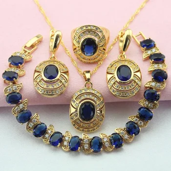

WPAITKYS Trendy Oval Blue Cubic Zirconia Gold Color Jewelry Sets For Women Earrings Necklace Pendant Ring Bracelet Free Gift Box