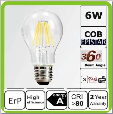 

Top quality retailing 1PACK 120V 220V 230V 240V 6W LED glass bulb 360 degree a60/a19 E27 COB led retro edision bulbs