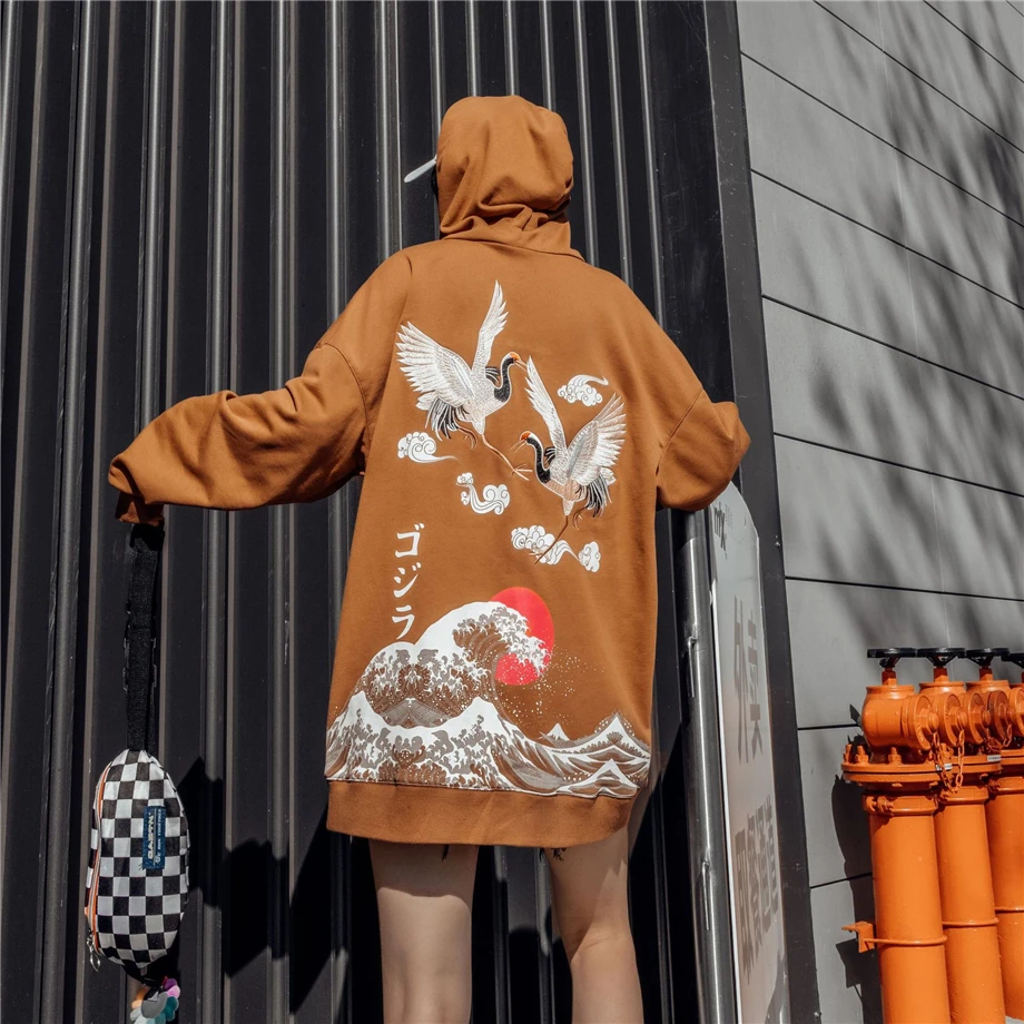 Уличная толстовка с капюшоном для мужчин в стиле хип-хоп Harajuku кран вышивка Толстовка с длинным рукавом Модные осенние толстовки для пар HZ117