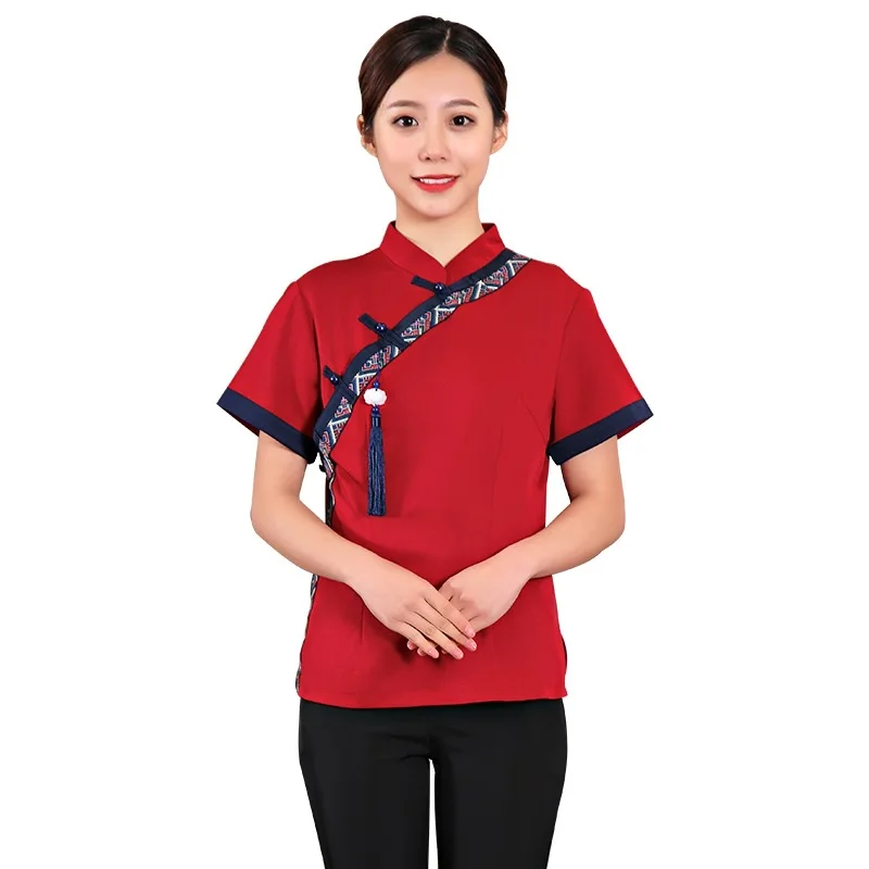 Chinese Style Waiter Uniform Summer Teahouse Featured Hotel Restaurant Overalls Short Sleeve Cafe K - 33026700243