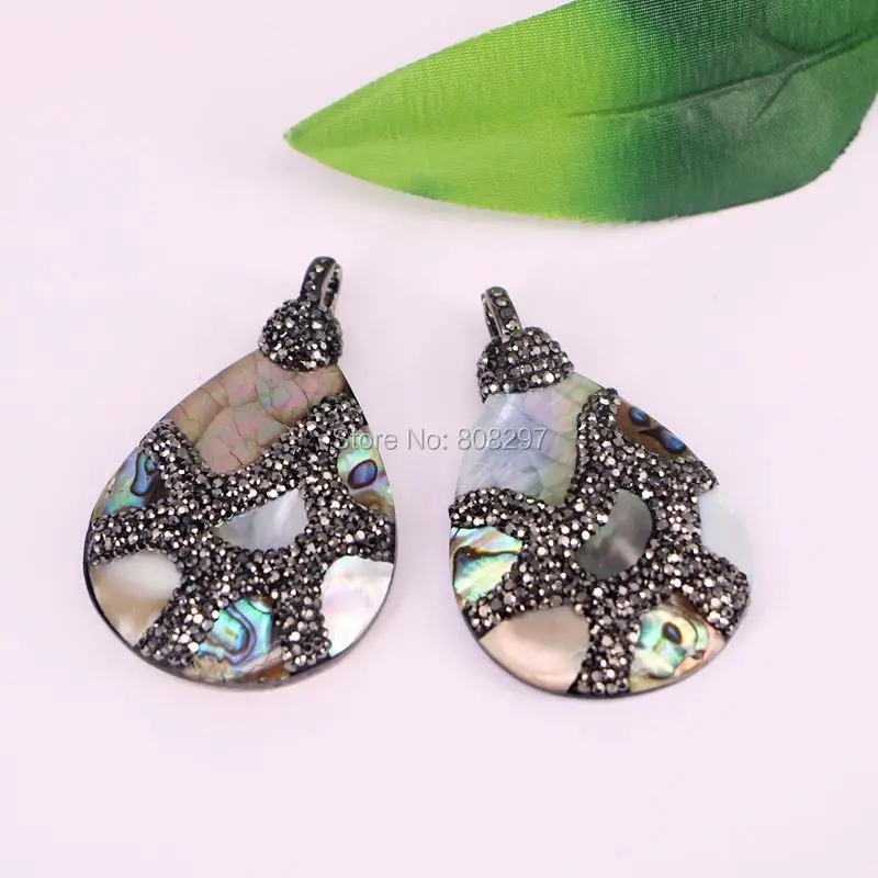 

New 5Pcs Drop Natural Abalone Shell Pendant With Pave Crystal Rhinestone Paua Rainbow Shell Pendants