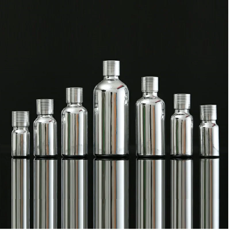 

Essential Oil Bottle 5 10 15 20 30ml 50 ML Screw Lid Empty Cosmetic Toner Serum Packaging Container Silver Glass Dropper Bottles