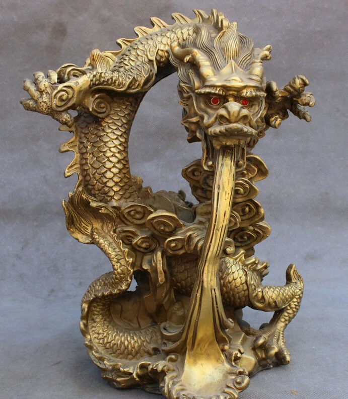

S3489 10'' Chinese Brass FengShui Year Zodiac Copper Flying Dragon Water Spit Statue D0317