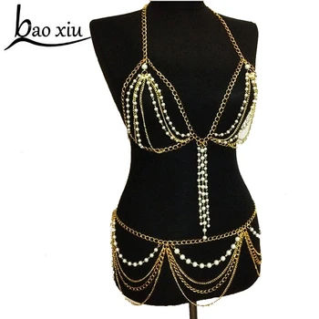 

2020 Fashion multilayer chain sexy chain 1 set pearl necklace harness Bra chain waist jewelry women accessories Party Gigts