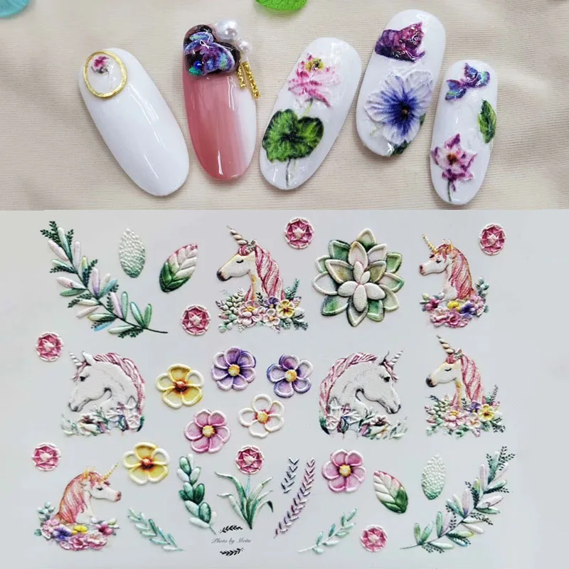 

1Sheet 3D Embossed Flowers Leaf Water Sliders Nail Stickers Decals Acrylic Engraved Designs Tattoo Foils Nail Decorations