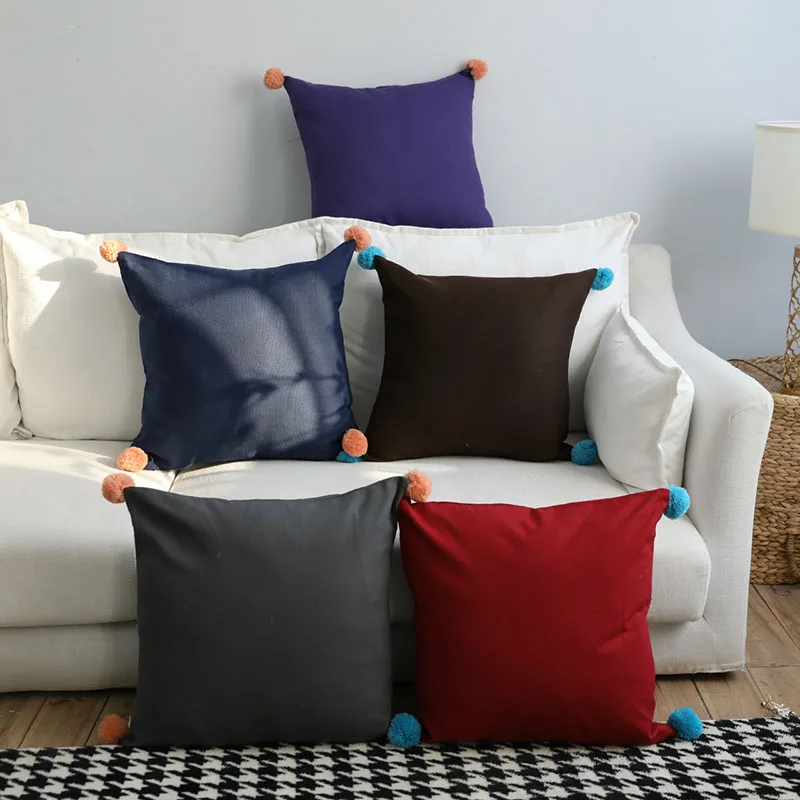

INS Nordic Style Pompon Cushion Cover Solid Color Pillow Case With Plush Ball Square Throw Pillowcase Sofa Car Office Home Decor