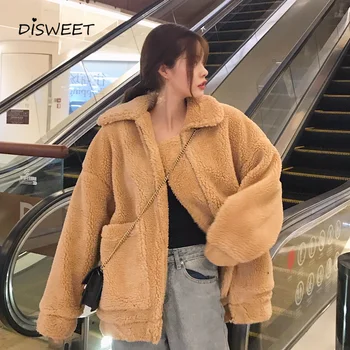 

2019 Korean Version of The Winter Thickening Lamb Coat Harajuku Zipper Large Size Coat Female Vintage Casual Loose Coat Jacket