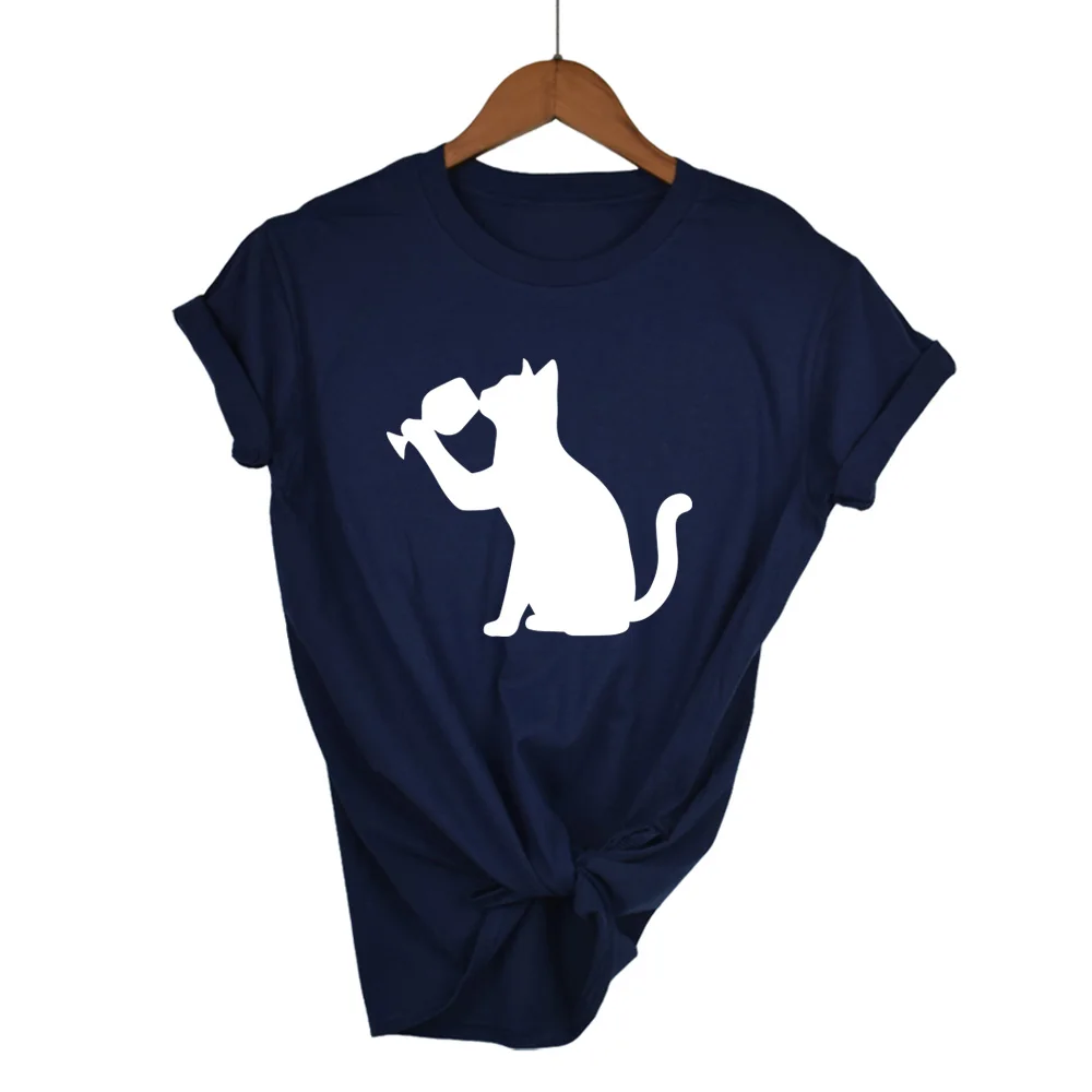 Высокое качество хлопок летняя модная женская футболка напиток кошка футболка с коротким рукавом o-образным вырезом Повседневная Большие размеры - Цвет: Navy Blue-W