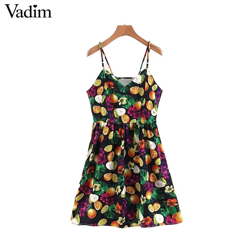 

Vadim women sweet print sleeveless backless back lace up mini dress adjustable strap V neck side zipper dresses vestidos QB794