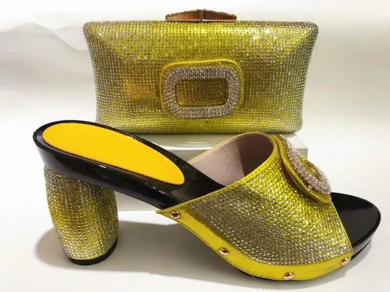 

Wonderful yellow women pumps and bag set with rhinestone decoration african shoes match handbag for dress A1035
