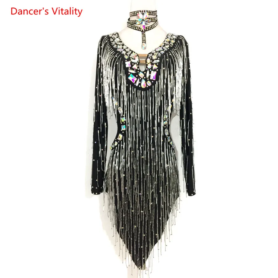 

Luxury Diamond Tassel Dress Adult Kids Latin Dance Costume Ballroom Dance Dress For Women/Girls Latin Dance Competition Clothes